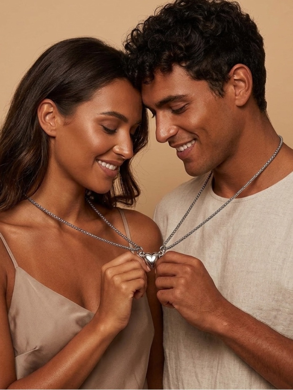 Silver Plated Magnetic Heart couple necklace 2pcs Stainless Steel unisex jewelry